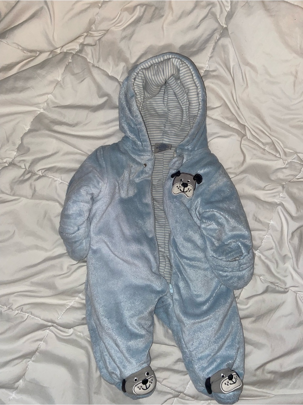 Little Wonders Light Blue Plush Hooded Baby One-Piece with Bear Appliqués